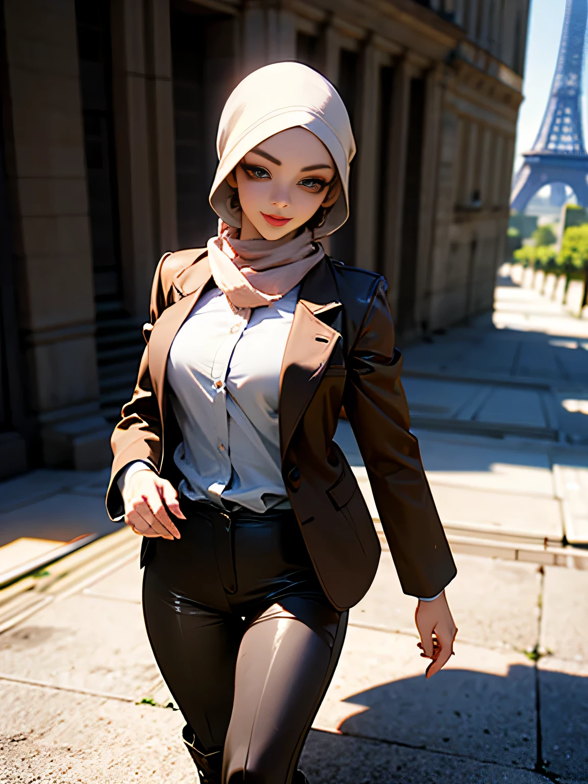 Masterpiece, Best Quality, 3D Rip Artwork, 3DMM Style, Portrait, Realism, a woman beautifully makeup, eyeshadow, Parted Lips, Detailed Eyes, beautiful big eyes, long eye lashes, smile wearing (gray satin hijab)), loosely tide hijab style, ((brown satin shirt)), leather long pants, long blazer, high cut boots, floppy hats, walking on street, Eiffel tower view