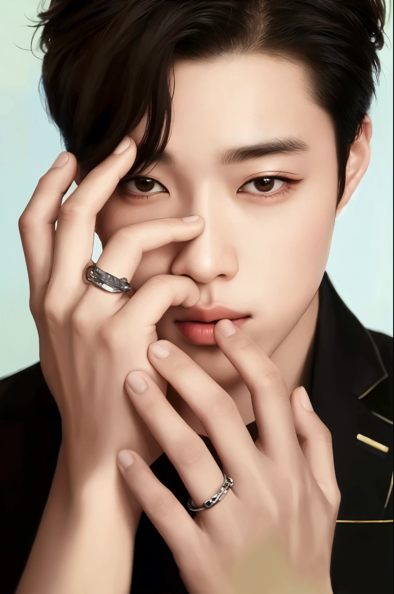 Imagen de un hombre con un anillo en el dedo, Jung Jaehyun, artista coreano, retrato de alta calidad, inspirado en Yanjun Cheng, park Jimin, kpop idol portrait, arte realista, inspirado en jeonseok lee, Jimin, inspirado por Kim Hwan-gi, fanart detallado, fanart de alta calidad, TaeJune Kim, Jackson Wang team Wang 