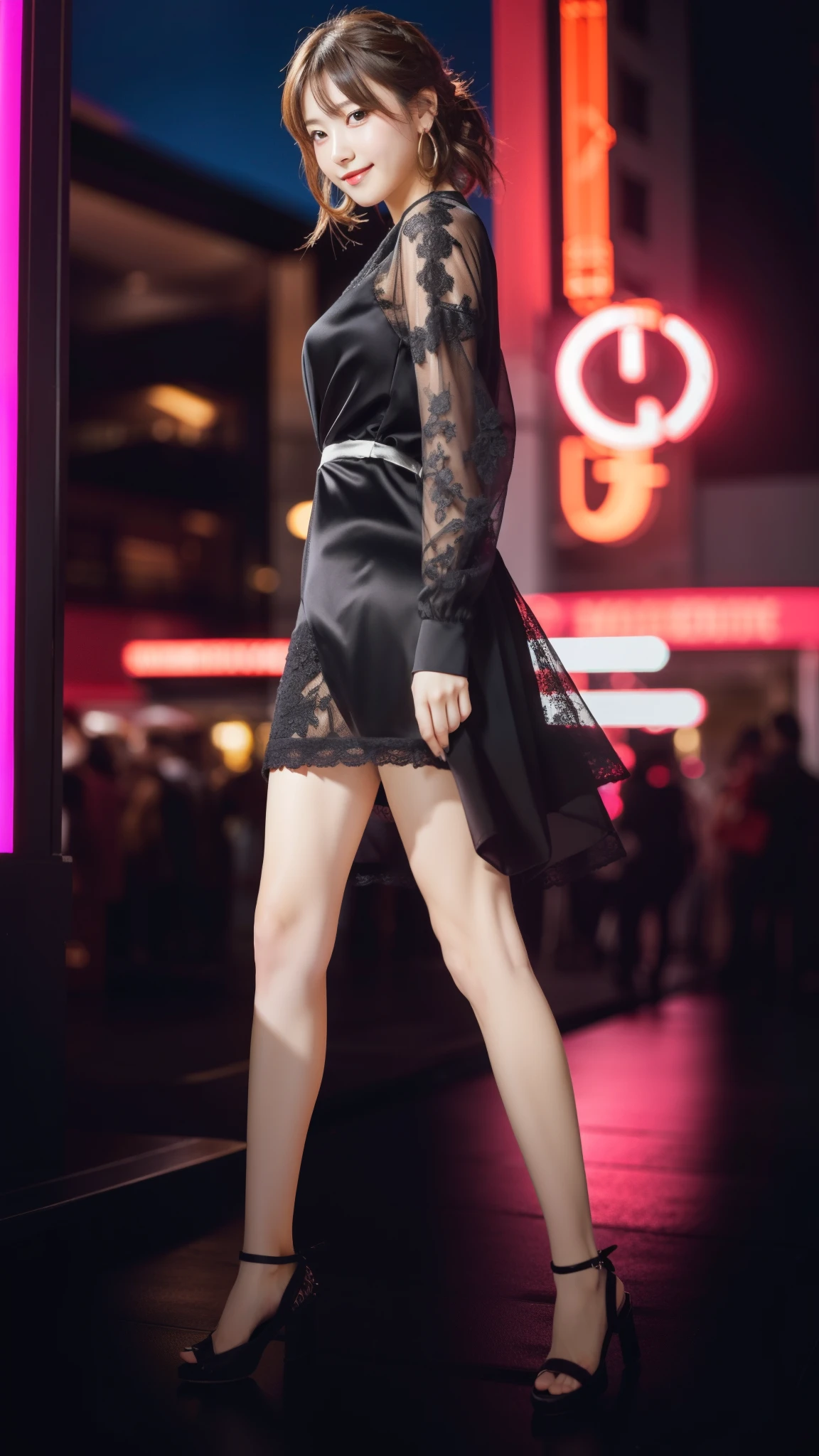 Photo taken by a professional photographer,8K, table top, RAW photo, highest quality, realistic, Highly detailed CG Unity 8K wallpaper, Depth of bounds written, cinematic light, Lens flare, ray tracing, (very beautiful face, beautiful lips, beautiful eyes), face with intricate details, ((super dense skin)) 1 girl, in the dark, deep shadow, cute korean girl, Flashy makeup with red eyeshadow,her shortcut, Delicate light brown hair is slightly disheveled with side waves.,wearing large ring earrings,K-POP idol, 1 girl, (very slim and slender fit muscular body:1.3), ((looking at the viewer)),(big smile:1.3), (magenta and black blouse), (sleeve fashion city night, dark night, (neon sign), (blurred background), fashion street night),(no people in the background:1.3), beautiful earrings, bracelet, necklace, pantyhose, clear eyes, walk, (white skin), (big eye ace forward, ((upper body shot)), ((silk color dresses:1.3)),(brown hair),((tight fit lace dress)), (See through), (looking at the viewer:1.3) open chest, very slim, medium breasts, backtracking,((buckshot)), See through, Medium Butt, mini skirt, updo hair, ((spread the thighs))