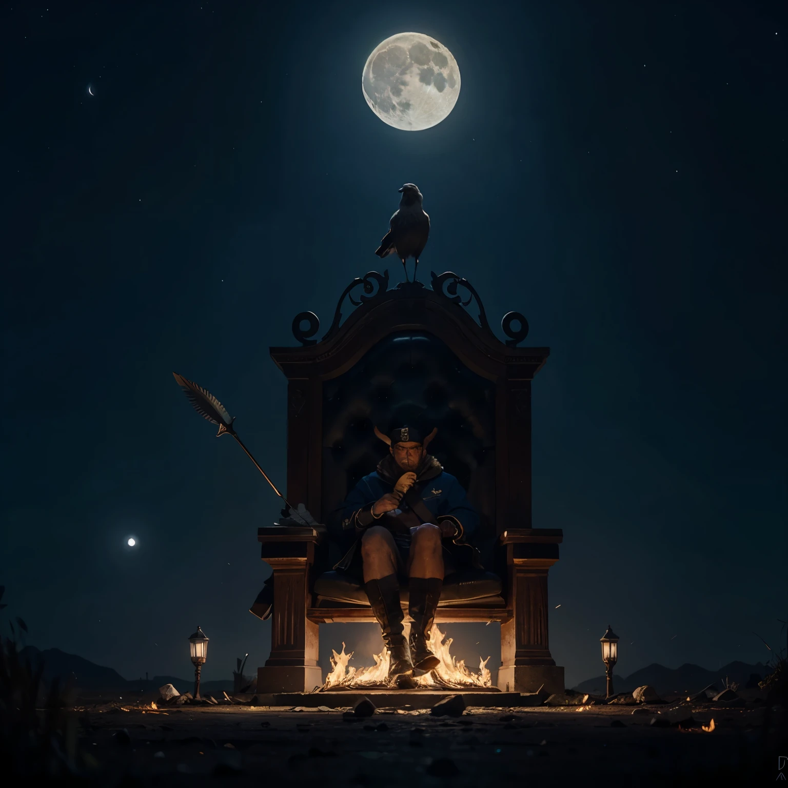 Orco guerrero sentado en un trono rodeado de fuego y cuervos, con la luna llena de fondo, arte conceptual