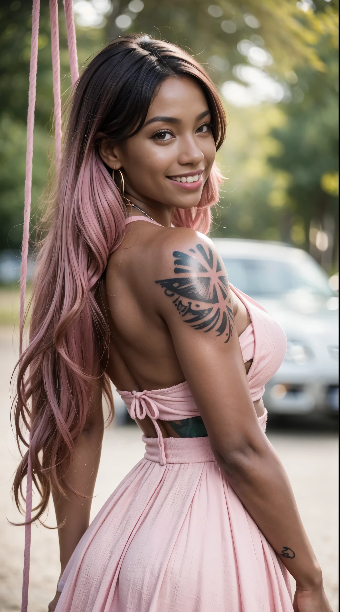 50 years old, gorgeous cute  Brazilian girl, smirk, freckles, polaroid photo, (dark skin:1.4), (medium pink long hair:1.4), 1girl,solo, smile , nipple cutout, nipples, retro-inspired swing dress with a halter neck, a full skirt, and a vibrant pattern,,upper body,looking at viewer,  Earrings, winner of most beautiful model, famous beautiful model, good young girl, (masterpiece:1.0),(best_quality:1.0), ultra high res,4K,ultra-detailed, photography, 8K, HDR, highres, absurdres:1.2, Kodak portra 400, blurry background, bokeh, lens flare, (skin texture:1.2), (vibrant_color:1.2),professional photograph, (the_tattoo:1.4), (beautiful_face:1.5),(narrow_waist). --v 6