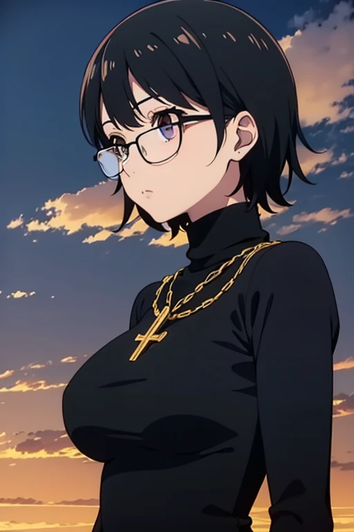 Purple Shizuku, 1 girl, cute, black hair, short hair, Glasses, Expressionless, very huge breasts:1.5, ((tight black long sleeve turtleneck:1.5)), (Front view, Upper body, looking at the scenery), (masterpiece, High resolution, highest quality, anime color, anime screenshot, 8K, realistic), denim, inverted cross chain necklace, (Perfect detailed anatomy, beautiful and fine eyes&hair, Beautiful detailed body&Clothes), outdoor morning
