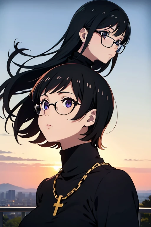 Purple Shizuku, 1 girl, cute, black hair, short hair, Glasses, Expressionless, very huge breasts:1.5, ((tight black long sleeve turtleneck:1.5)), (Front view, Upper body, looking at the scenery), (masterpiece, High resolution, highest quality, anime color, anime screenshot, 8K, realistic), denim, inverted cross chain necklace, (Perfect detailed anatomy, beautiful and fine eyes&hair, Beautiful detailed body&Clothes), outdoor morning