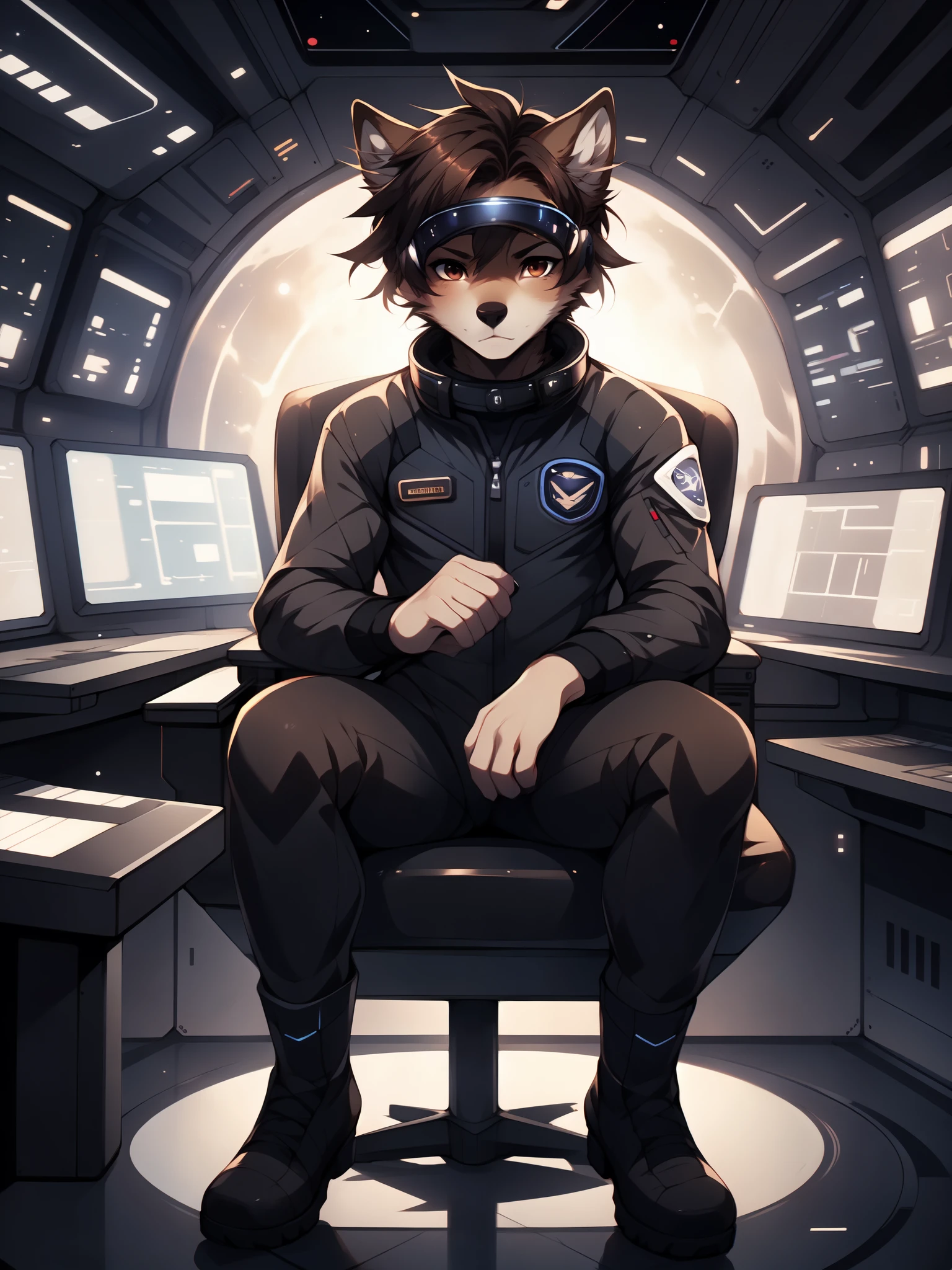 Jaiden, brown wolf, brown wolf ears, brown eyes, cute snout, black nose, wearing black astronaut outfit, futuristic visor, high collar, astronaut boots, black futuristic astronaut suit, mass effect 3, by fumiko, by hyattlen, by hioshiru, far away shot, sitting in a space ship cockpit, control panels, sitting in a big futuristic comfy chair, looking determined,  