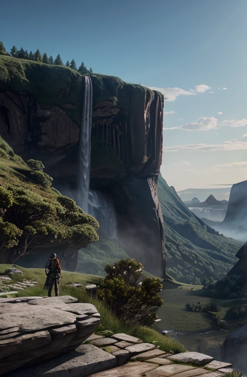 a cliff overlooking a waterfall, several arch-shaped stones at the top, matte painting 8k, matte paint 8K, vertical wallpaper 8K, vertical wallpaper 8K, vertical wallpaper 4K, vertical wallpaper 4K, lost series, realistic fantasy rendering, digital painting with 8K resolution, digital painting with 8K resolution,  Jessica Rossier fantasy art, 4K rendered matte paint, 3D rendered matte paint  