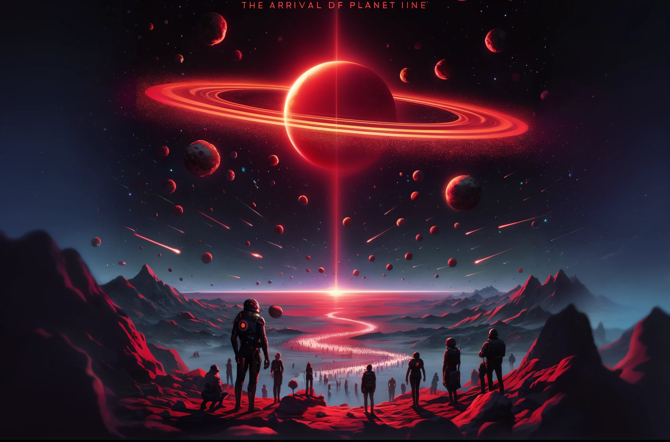 mountains, personas paradas alrededor, mirando a lo lejos un planeta en los cielos, En el estilo Dan Mumford Artwork, greg escarabajo, obra de arte del escarabajo, Beeple y Tim Hildebrandt, Obra oficial, orbital, ultra detallado. estilo de llegada, por Christopher Balaskas, obra maestra del Beeple, Exoplaneta