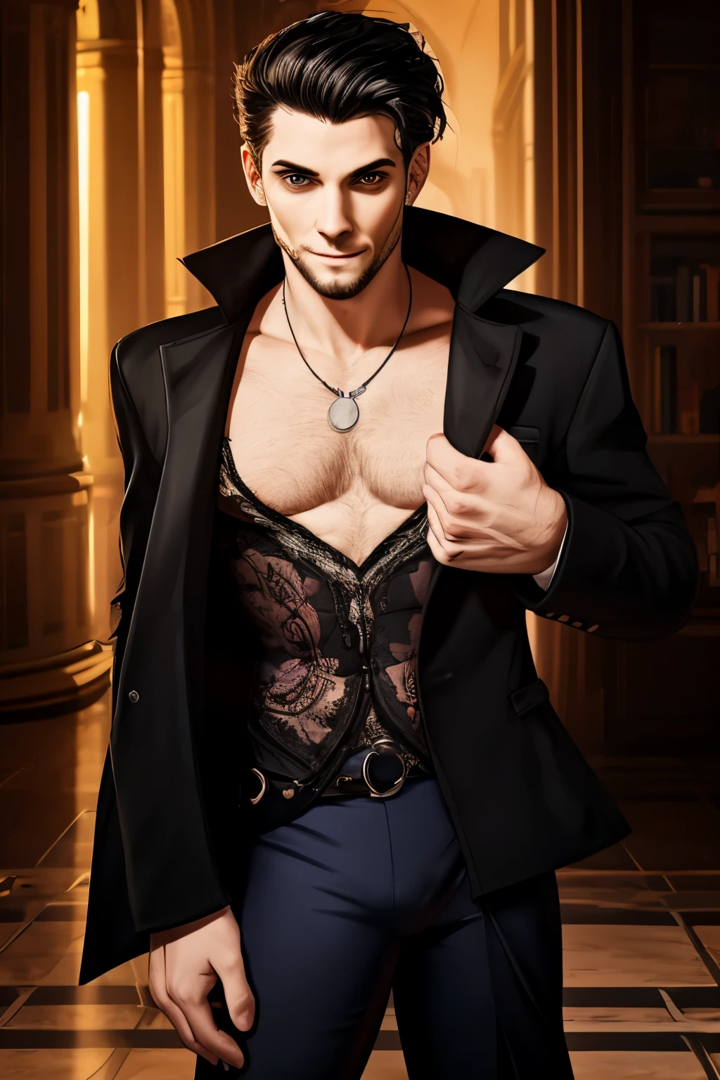 Detailed realistic picture of a male vampire, pale skin, disheveled jet-black hair, piercing eyes with kohl liner, New Wave and early Grunge fashion, chiseled features with a disarming smile, air of mystery, timeless look of the 1980s. At a vampire wedding.