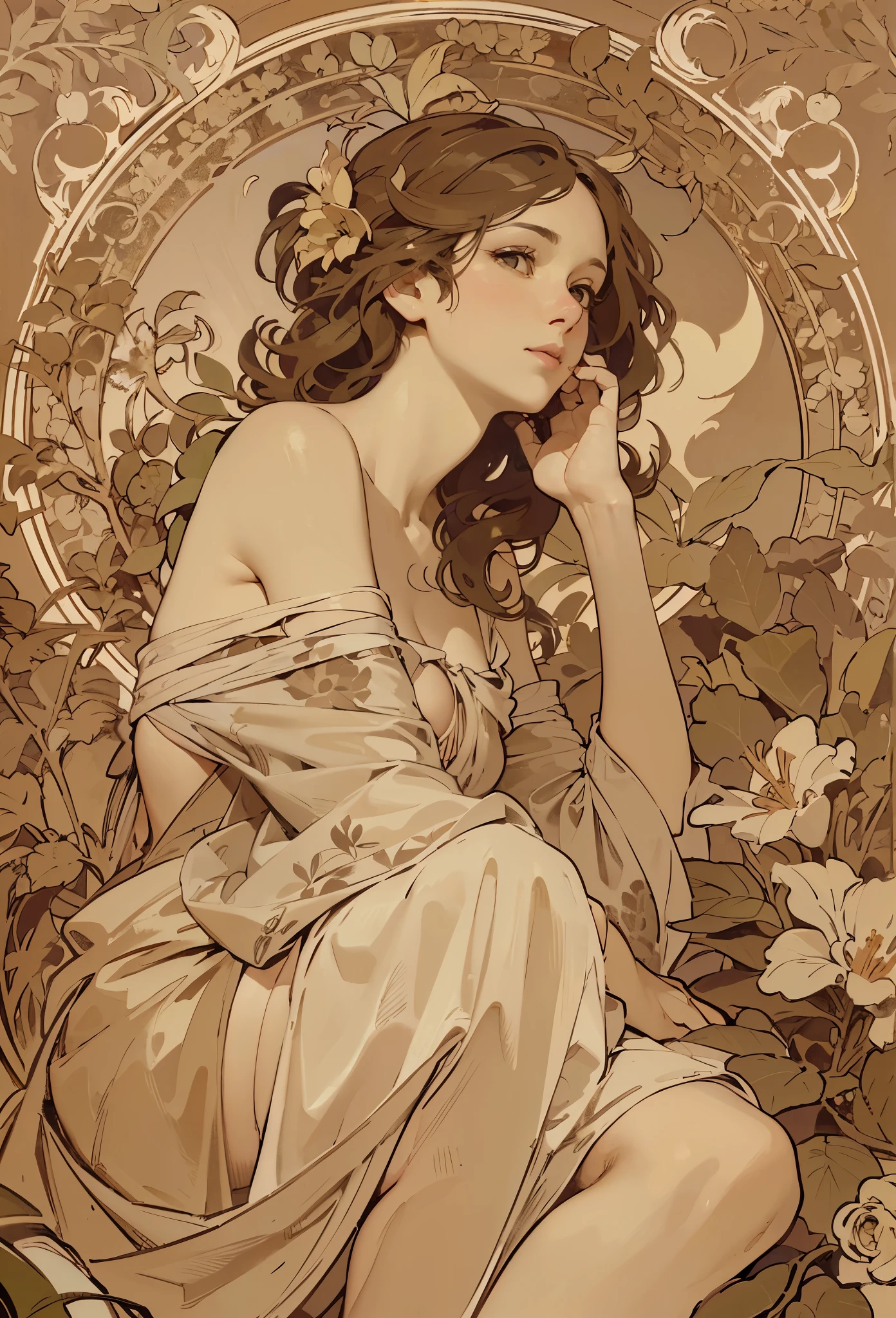 Alphonse Mucha ,(masterpiece,best quality),(high-res,detailed),(poster),flat shading:1.4,detailed body,(detailed face)),
Botanical art,Floral art,big tits,bare shoulders,