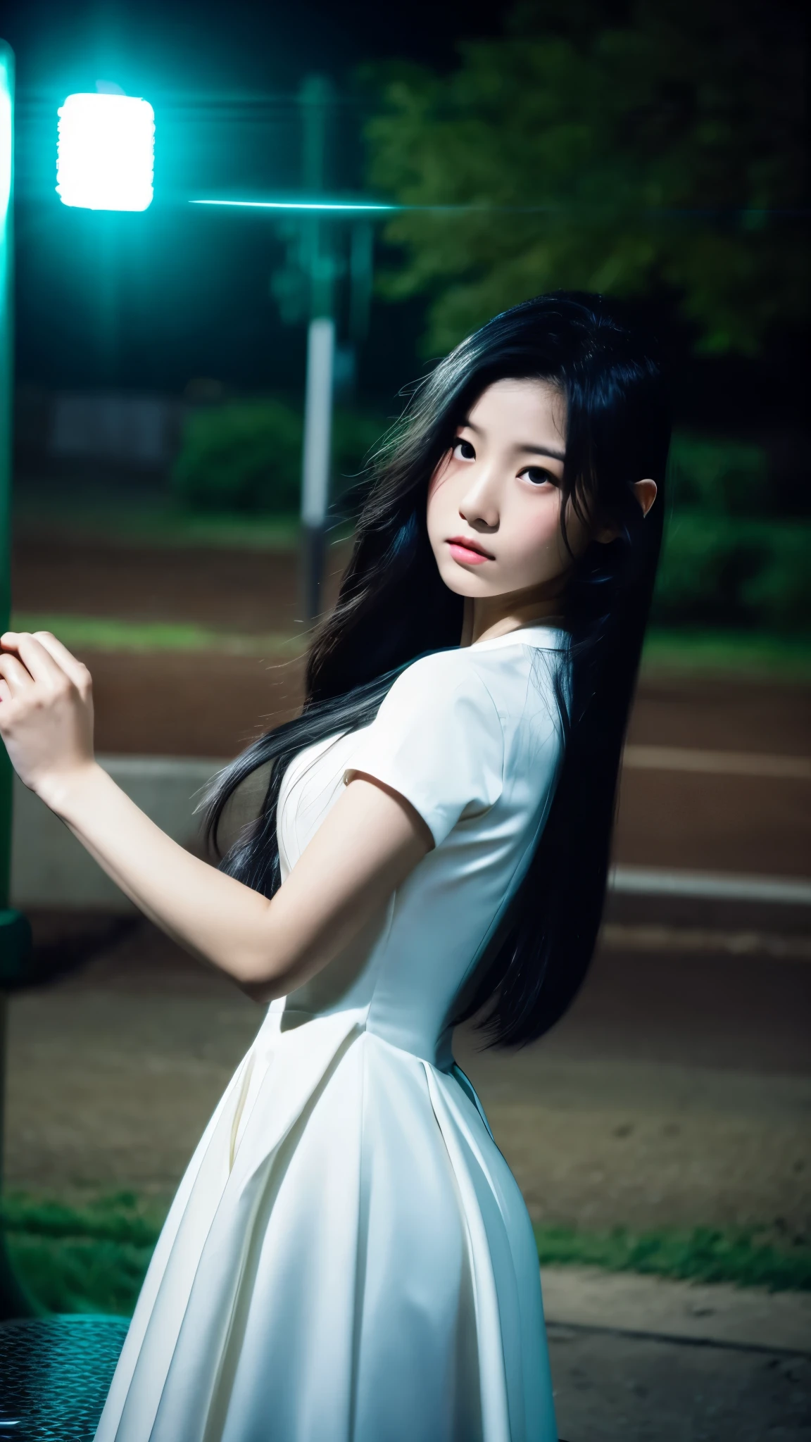 A young girl with an Asian dark angel style, long black hair, wearing a white madame dress, taking a serious faced selfie at a park bench, midnight time. The photo has a cellphone quality, is photorealistic, with a dark filter, movement effects, motion blur details, and high quality.