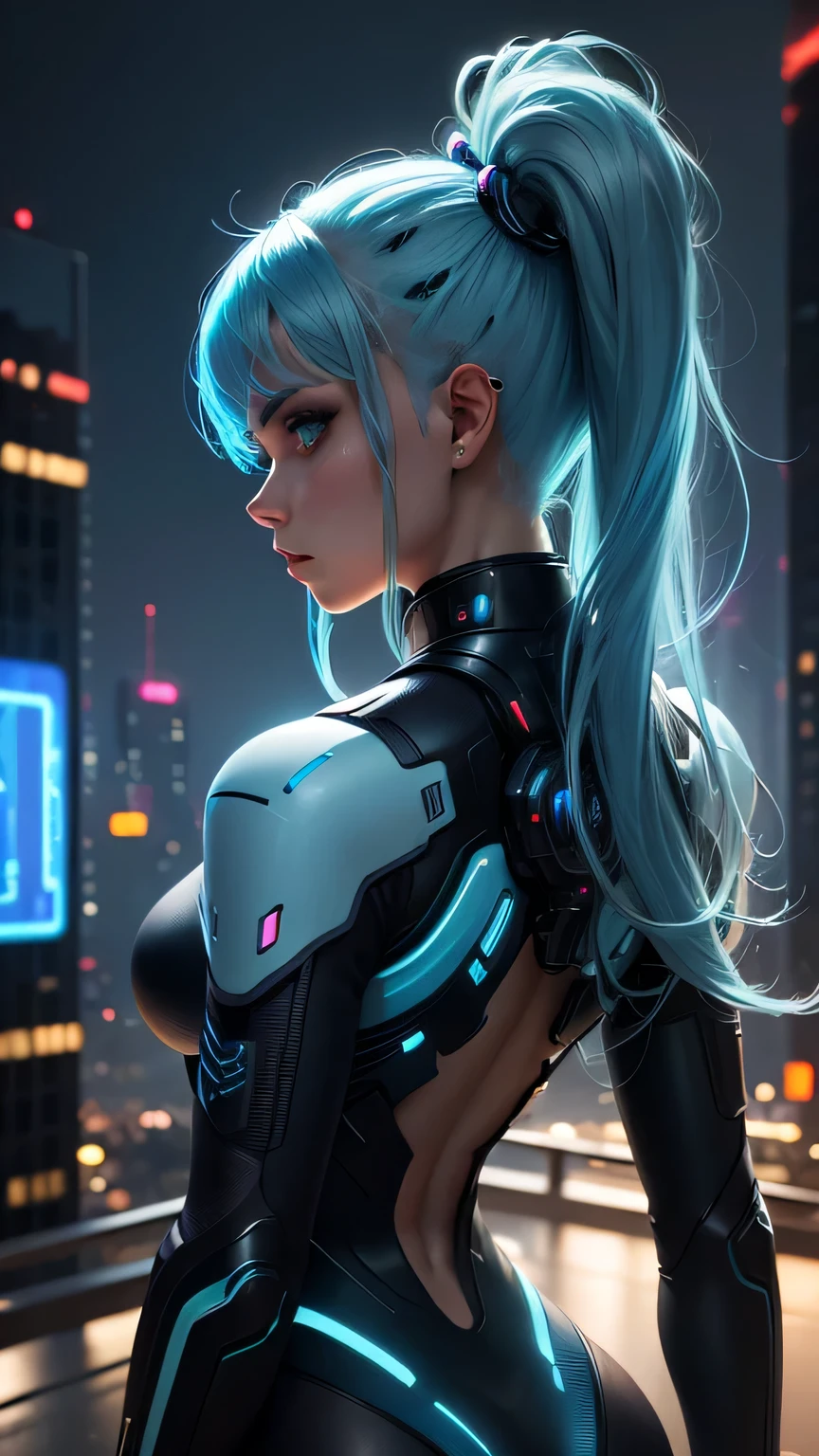 (meilleure qualité,ultra-détaillé),portrait,belle fille aux cheveux bleu clair dans une ville futuriste,ville avec des néons,ambiance futuriste,ambiance dynamique,scène de nuit,vue arrière du personnage avec une pose contemplative,Visage et cheveux très détaillés,Éclairage réaliste,Netteté,Rendu photoréaliste,Architecture d’arrière-plan impressionnante,Des couleurs vives,atmosphère éthérée