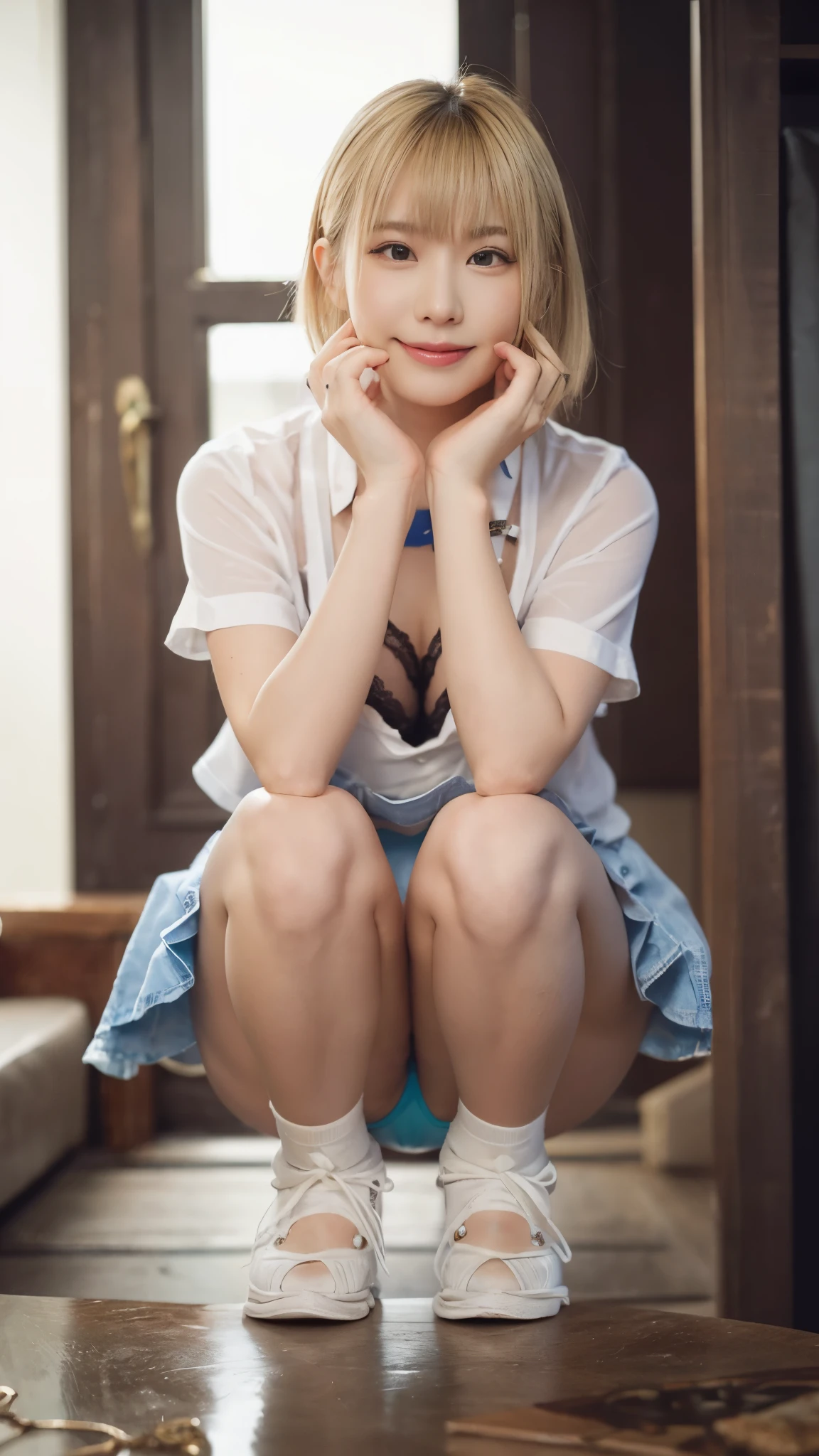 (A very cute 20 year old young woman from Japan), ((bright blonde delicate hair)), ((messy side wave short hair)),(((Slender and slender body type))),medium bust size、small breasts、 (((Clean hands))),(curly hair),(((very kind smile))), (((she wears random colored panties))),(((she is wearing a random colored bra))) ((top quality, 16K, table top: 1.3)), light shines on your face, highly detailed face, highly detailed lips, fine eyes,
