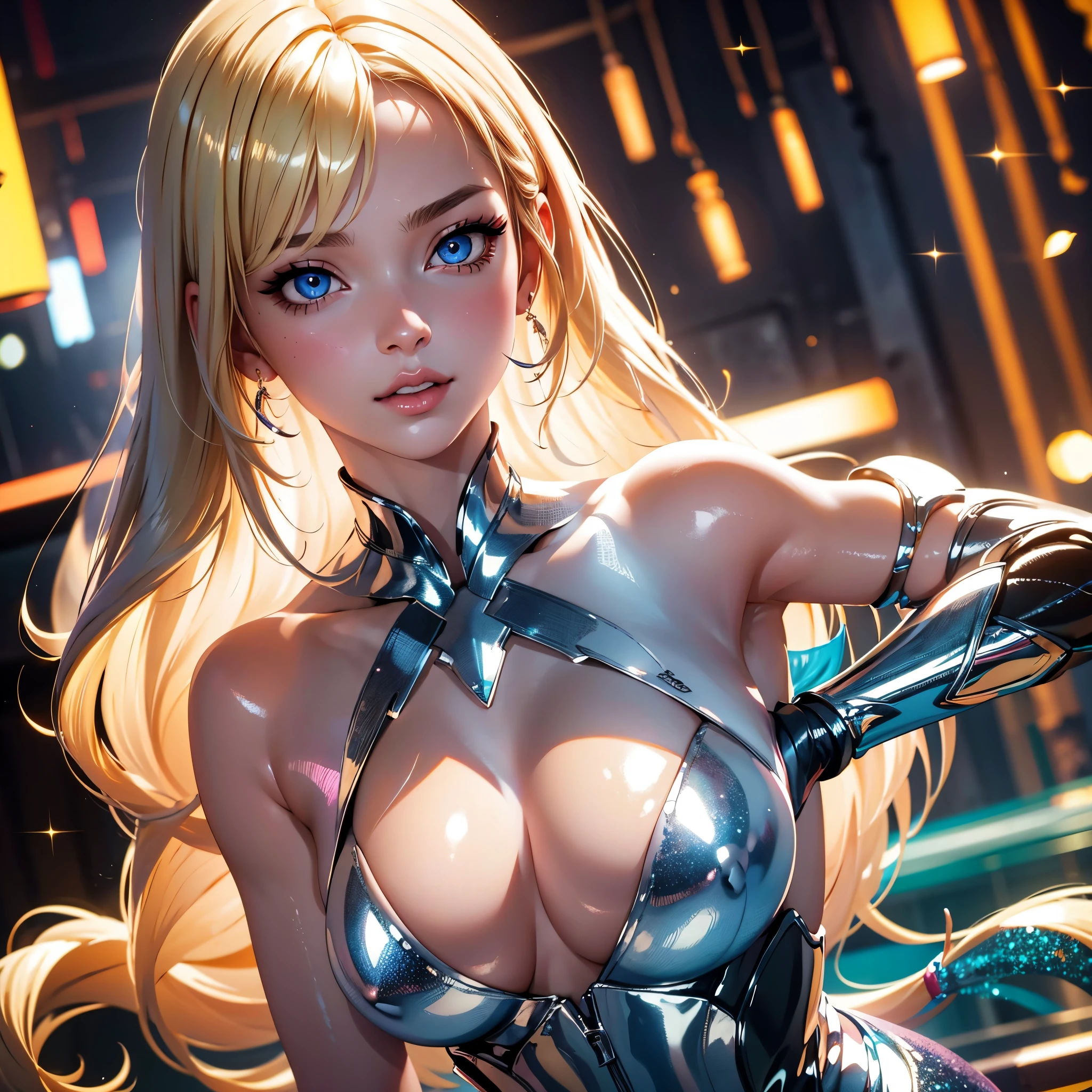 1girl, blonde hair, eyelashes, hair over one eye, blue eyes, big lips, ultra-detailed, high quality, highres, absurdres, best quality, best quality, large breasts, blurry background, long hair, bright pupils, shiny skin, tall female, colored skin, pink lips, extremely detailed, original, glitter, shiny skin, shiny, large breasts, full body, huge tits, raised chest,