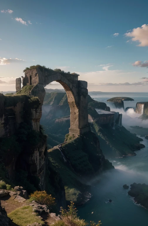 a cliff overlooking a waterfall, several arch-shaped stones at the top, matte painting 8k, matte paint 8K, vertical wallpaper 8K, vertical wallpaper 8K, vertical wallpaper 4K, vertical wallpaper 4K, lost series, realistic fantasy rendering, digital painting with 8K resolution, digital painting with 8K resolution, Jessica Rossier fantasy art, 4K rendered matte paint, 3D rendered matte paint