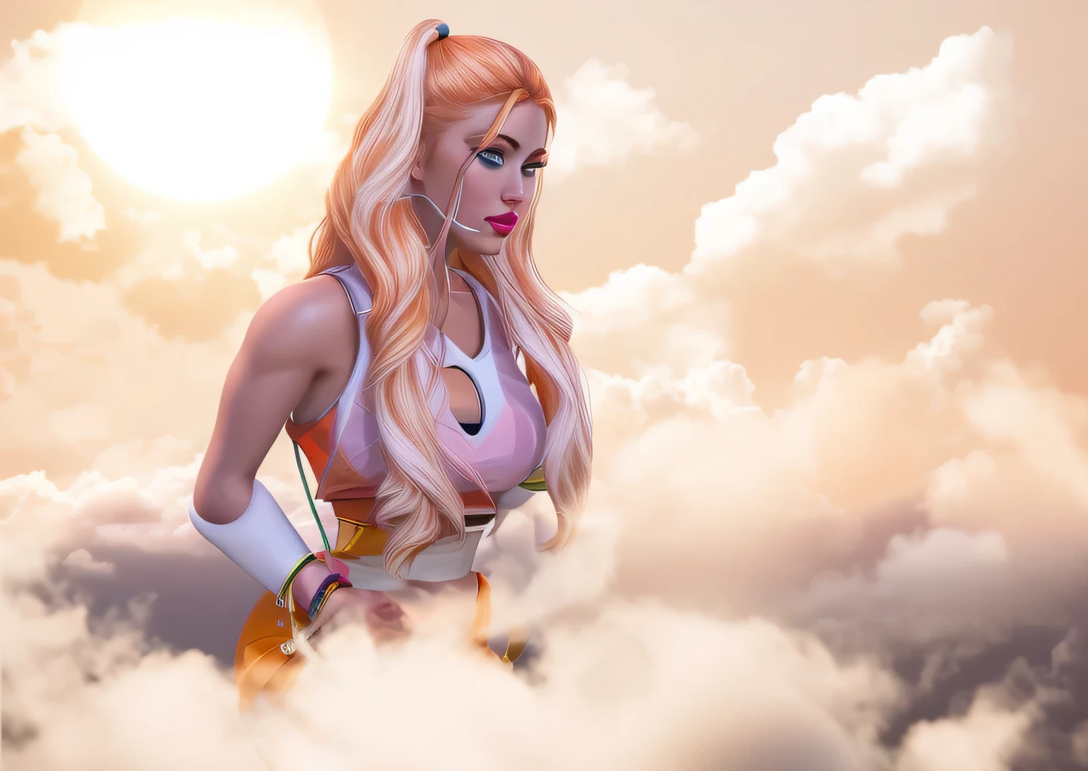 Realistic painting, sky, sun, sunlight, clouds, orange clouds, realistic picture, super realistic, orange hair, white and orange hair, of a european woman, white woman, blue eyes, sculptural body, fine details, very clean face, wavy pigtails hair, medium breasts and with large beaks, big bubum, blue eyes, bright skin, glowy skin, makeup, beige lipstick, pink blush, glam makeup. orange eyeshadow, sky, orange and white top, white hand cast, orange skirt, white microphone, waist tattoo