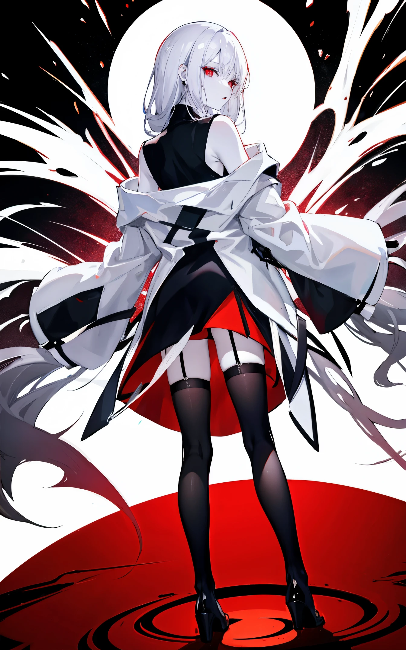 pale skin,dark风,wearing leg rings,white stockings,black eye shadow,red eyes,Abstinence,dark,back view