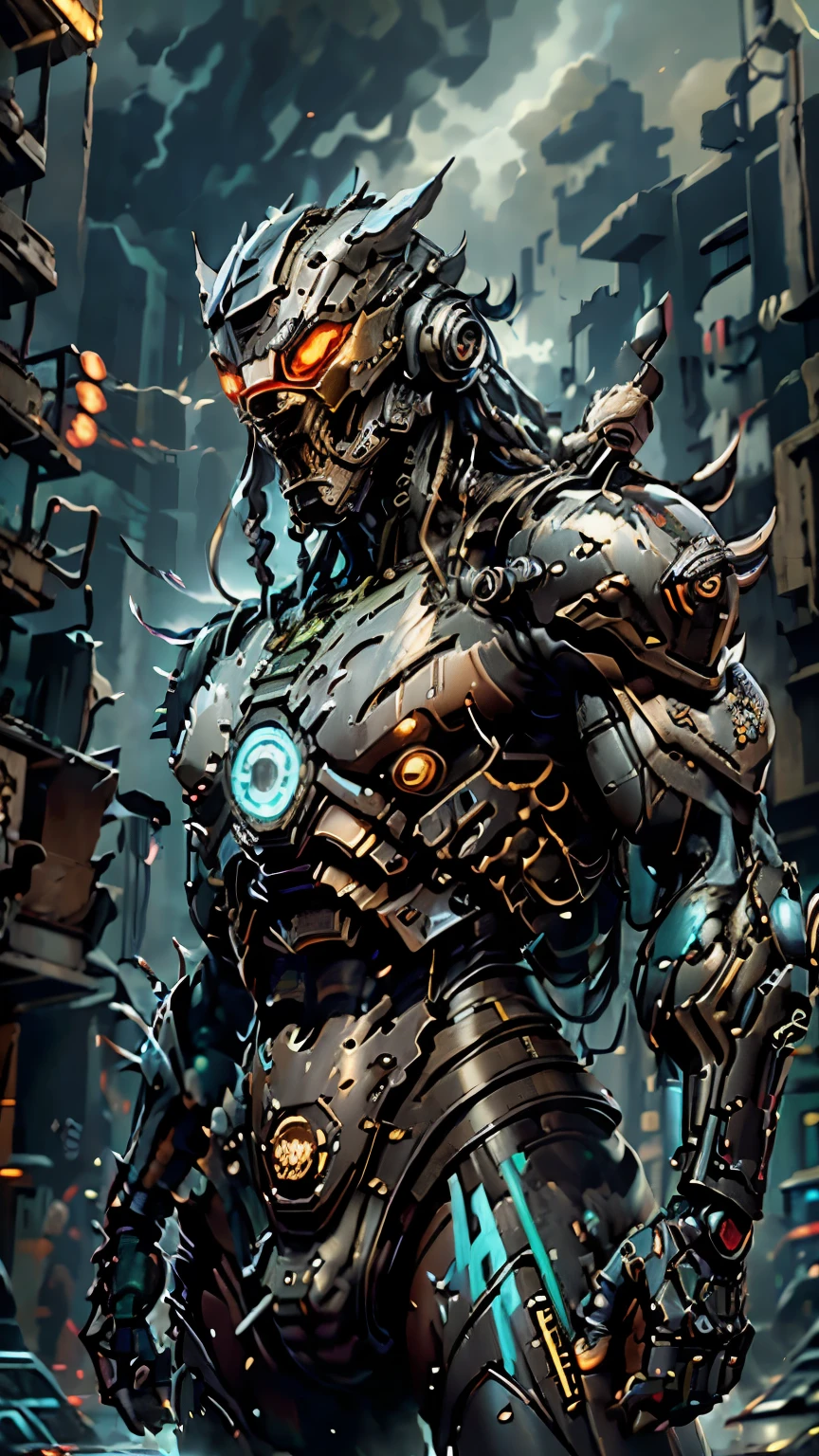 (best quality, highres, masterpiece:1.2), ultra-detailed, realistic:1.37, HDR, futuristic, cyberpunk style, vibrant colors, neon lights, dystopian cityscape, rain-soaked streets, advanced technology, augmented reality, armored warriors, intense action, dramatic poses, glowing energy weapons, mysterious aura, dark alleys, incredible detailing, metallic textures, holographic displays, hacking interfaces, street graffiti, dynamic composition, cinematic atmosphere, urban decay, atmospheric perspective, motion blur, futuristic vehicles, high-tech armor, glowing tattoos, flickering signs, towering skyscrapers, steam rising from manholes, dense fog, immersive virtual reality, glowing cybernetic implants, advanced weaponry, energy shields, intense battles, epic fight scenes, powerful explosions, thrilling storytelling