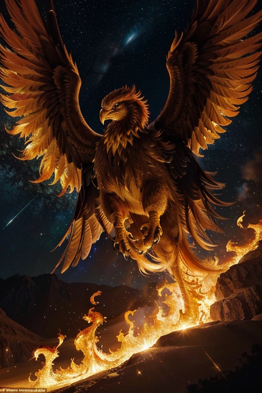 Describe a stunning image of a majestic phoenix engulfed in intense flames, its fiery feathers radiating a golden and vibrant light. In the background, a dazzling cosmic scene unveils a vast and mysterious universe, filled with countless shining stars that dot the infinite darkness. The image quality is so high that every detail of the phoenix and every star in the cosmos is clearly visible, creating a scene of transcendental beauty and celestial power