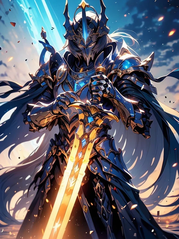 (obra maestra, Mejor calidad), A paladin holding a light-infused sword, magia de luz, divino, MageWave, Plata y oro, 4k, Paisaje urbano oscuro, Fujifilm