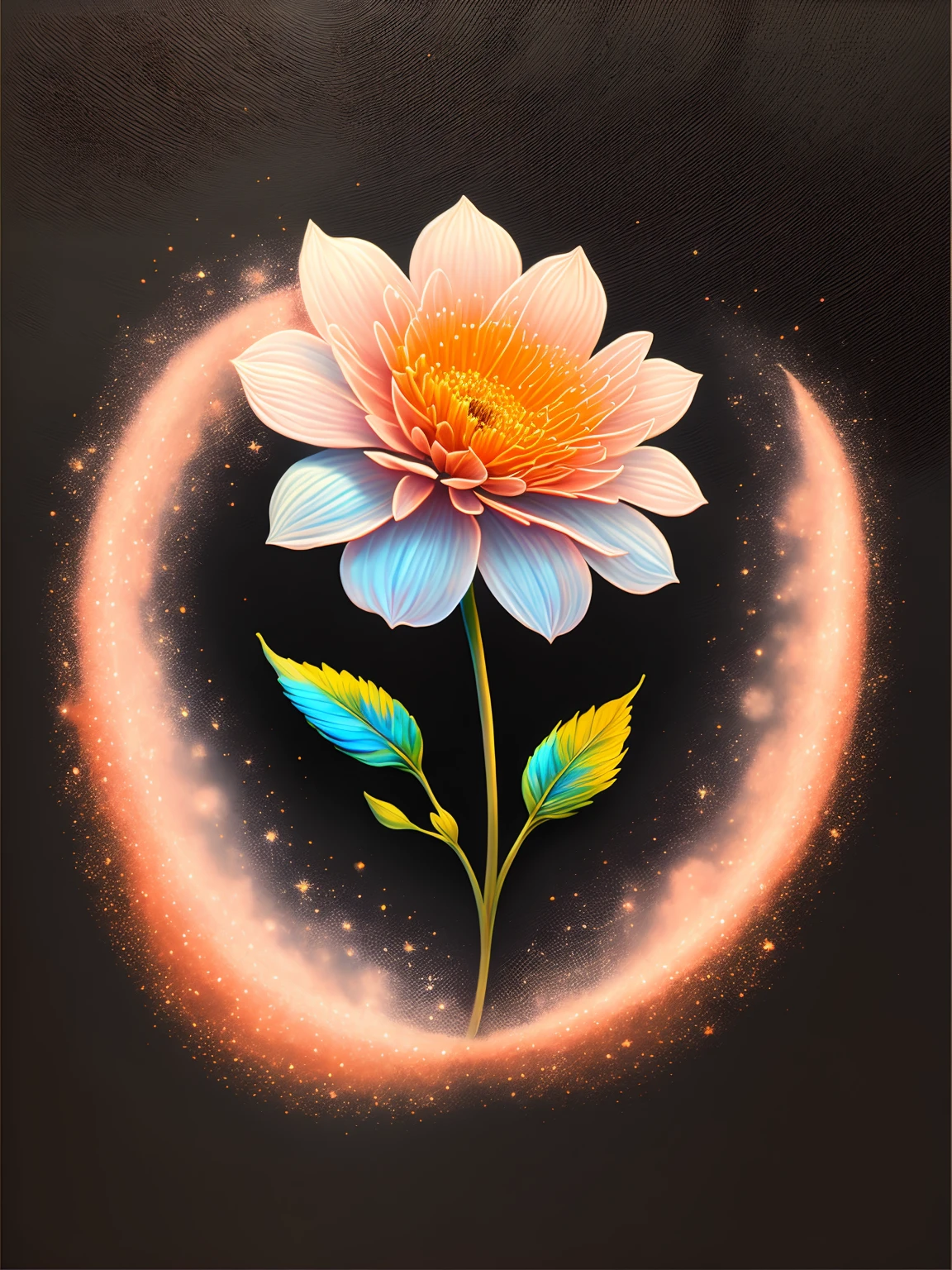 Painting of a colorful flower on a black background,, stunning render, within a radiant connection, Inspired by Kinuko Y. nipple process,, Magical elements, flower icon, Wow, It's beautiful, Cast a colorful spell, bright flash, flash