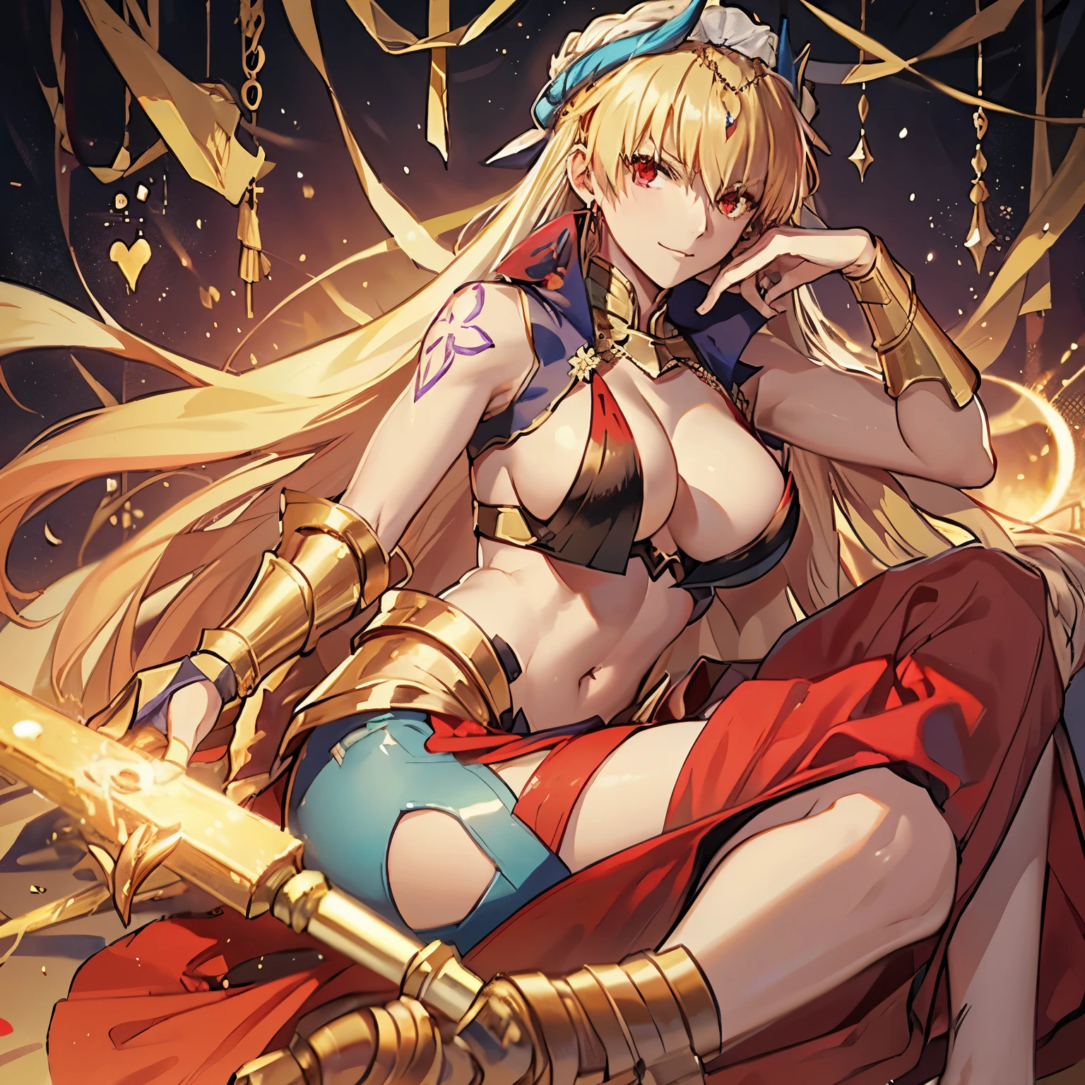 8k, mouthpiece, ((one beautiful woman)),((fate stay night drawing)), female Gilgamesh solo, upper body angle, empress, ((one beautiful woman)), ((red eyes)), long hair , golden hair,