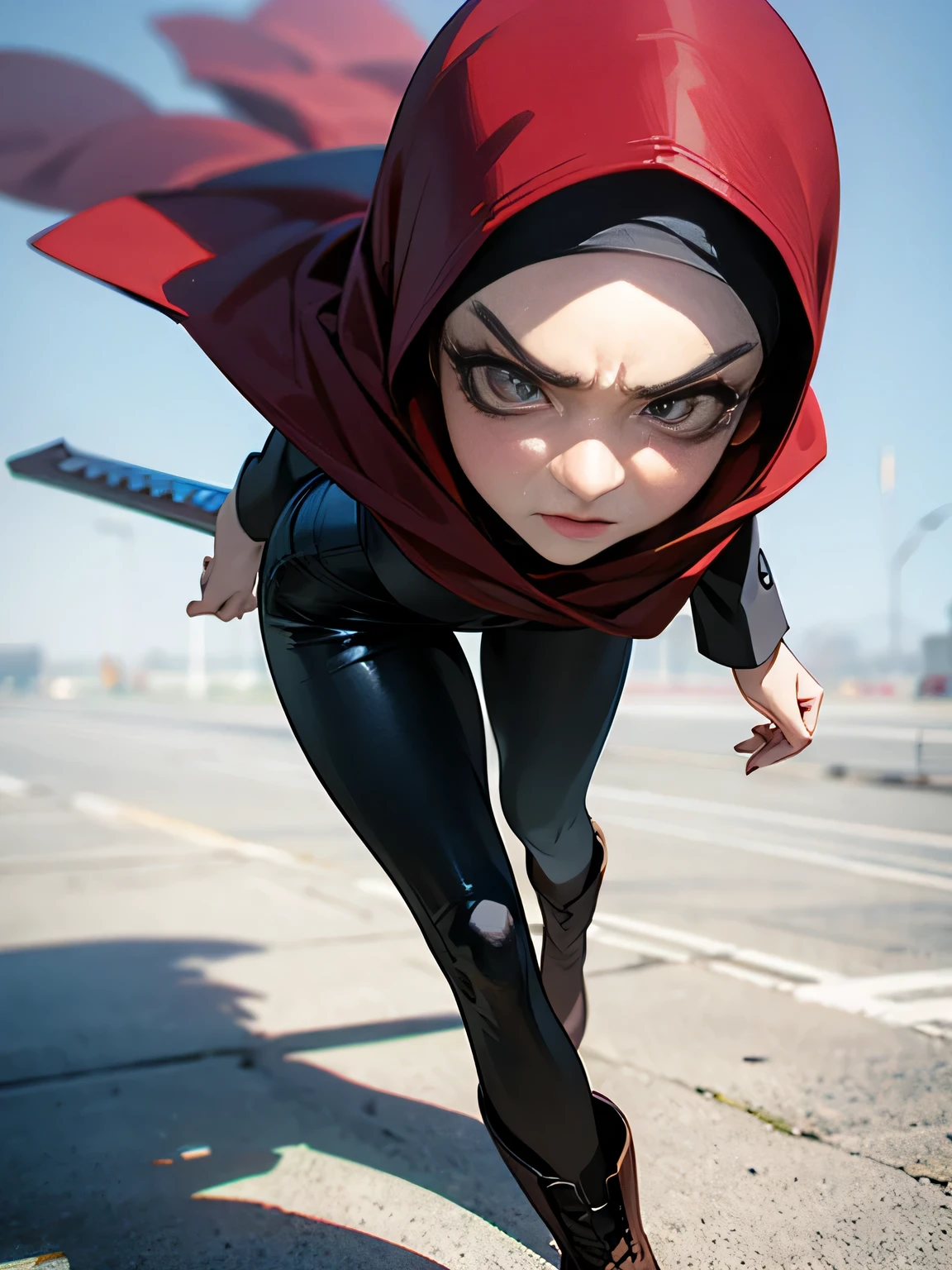 Masterpiece, Best Quality, 3D Rip Artwork, 3DMM Style, Portrait, Realism, a woman beautifully makeup, eyeshadow, Parted Lips, Detailed Eyes, angry eyes, long eye lashes, angry face wearing (gray satin hijab)), loosely tide hijab style, ((superhero costume)), leather long pants, long blazer, high cut boots, walking on street, a sword in her hand