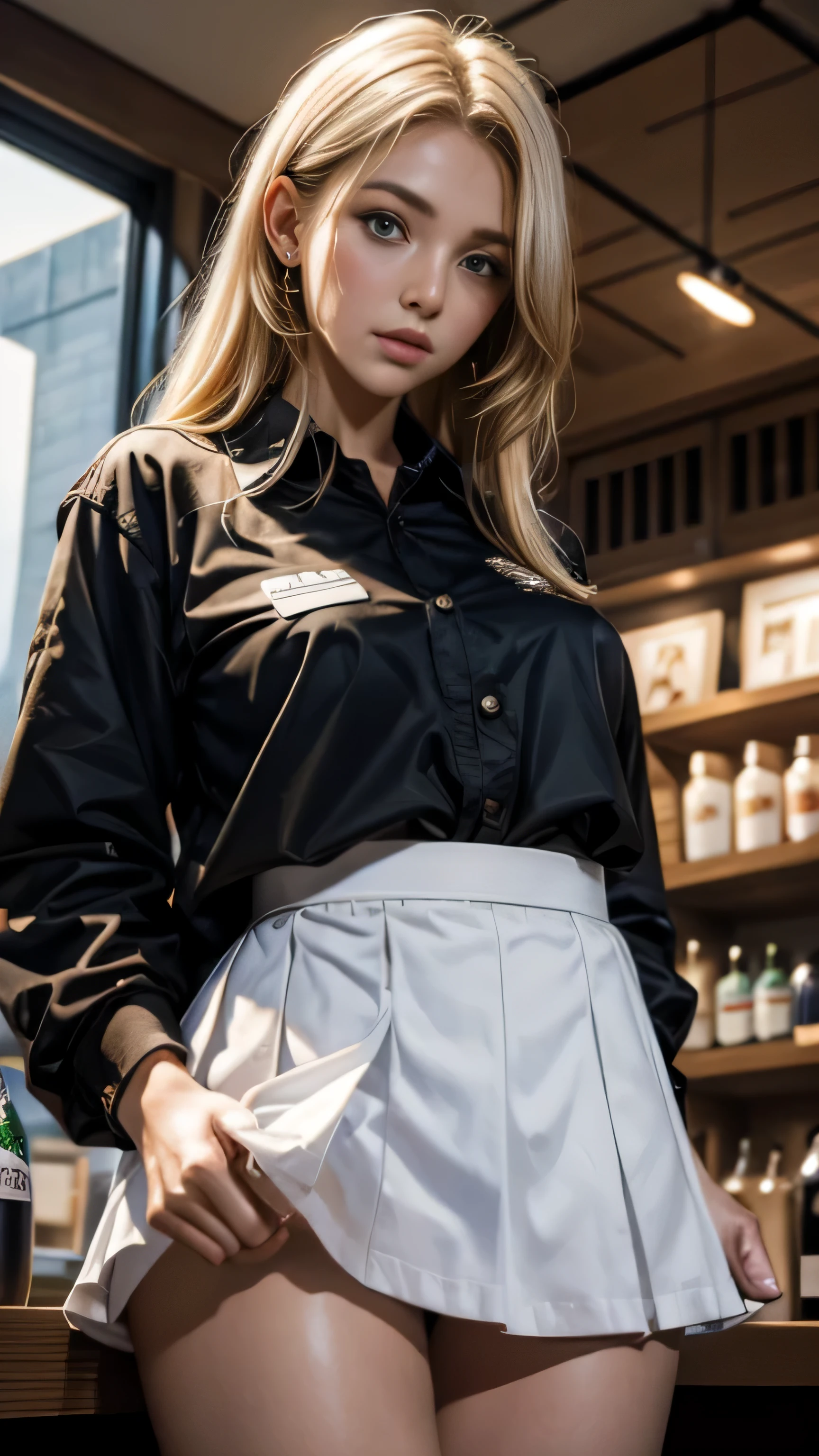 1 female、(american beauty)、(super beautiful)、(beautiful face)、(detailed face)、(fine eyes)、(detailed lips)、(Nose details)、above the knee shot、(Starbucks clerk:1.1)、(starbucks uniform:1.3)、(She lifts her skirt to reveal her white panties:1.4)、(barefoot)、(golden hair)、(standing in a starbucks store)、(At SFW)