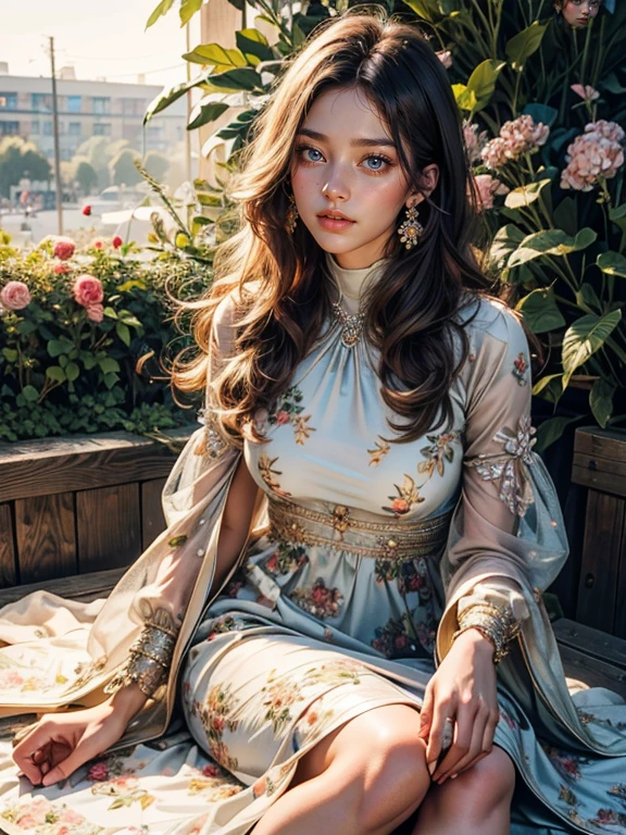 (best quality,highres:1.4), garden, beautiful detailed eyes, beautiful detailed lips, long silky hair, floral dress, elegant posture, soft light