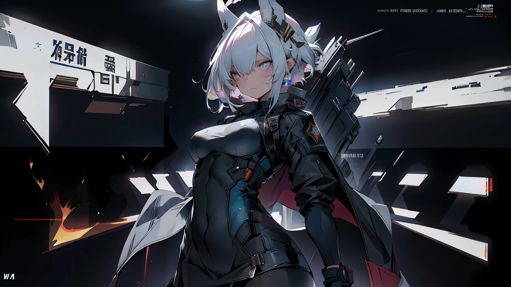 1 Girl, Solo , Alone, A Single Person, Face Close Up, Big Chest, Violet Eyes, , Hair accessories, White Bob Hair, Short Hair, Silver Hair, Bang, hair between eyes, military uniform, black dress, cape, White gloves, pantyhose, high heel boots, Explosion, Salute Pose, Standing, In the Sky, Blue Sky, High detail mature face, combat suit, high res, ultra sharp, She stands confidently in the center of the poster, Shooting pose，explosion effect, a determined expression on her face。The background is dark and gritty，There is a sense of danger and a strong feeling。The text is bold and eye-catching，With catchy slogans，Adds to the overall drama and excitement。The color palette is dominated by dark colors，Dotted with bright colors，Make the poster dynamic and visually striking，(Magazines:1.3), (Cover-style:1.3), Fashion, vibrant, Outfit, posing on a, Front, rich colorful，Background with，element in，self-assured，Expressing the，halter，statement，Attachment，A majestic，coil，Runt，Touching pubic area，Scenes，text，Cover of a，boldness，attention-grabbing，titles，Fashion，typeface，，Best quality at best，Hyper-detailing，8K ，hyper HD