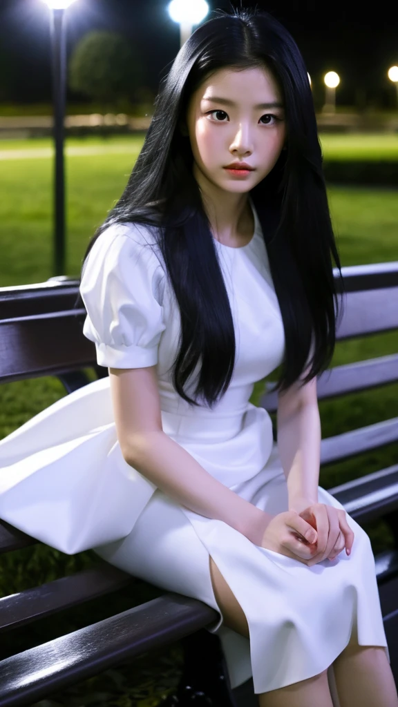 A young girl with an Asian dark angel style, long black hair, wearing a white madame dress, taking a serious-faced selfie on a park bench during midnight. The photo has a cellphone quality and is photorealistic