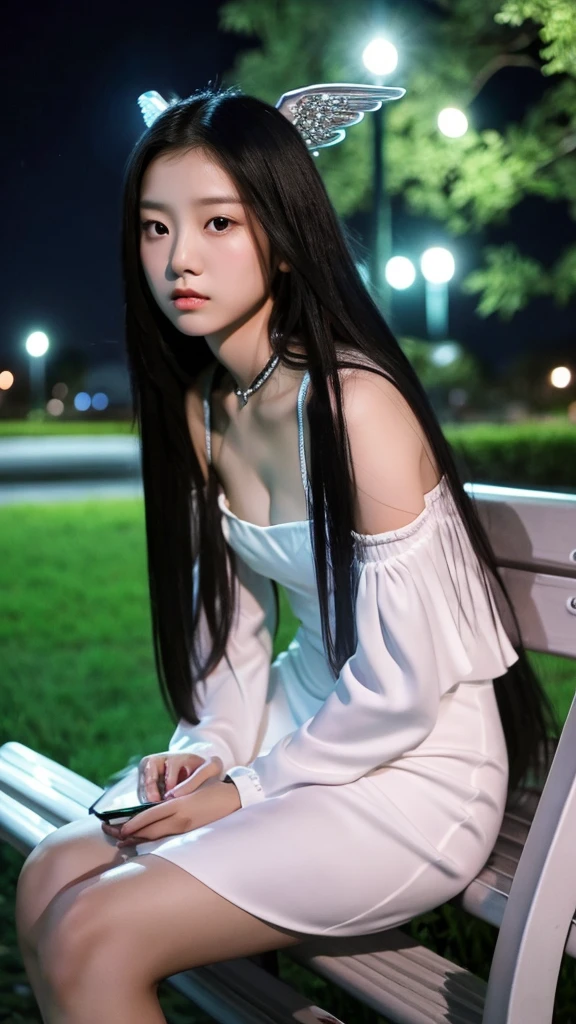 A young girl with an Asian dark angel style, long black hair, wearing a white madame dress, taking a serious-faced selfie on a park bench during midnight. The photo has a cellphone quality and is photorealistic