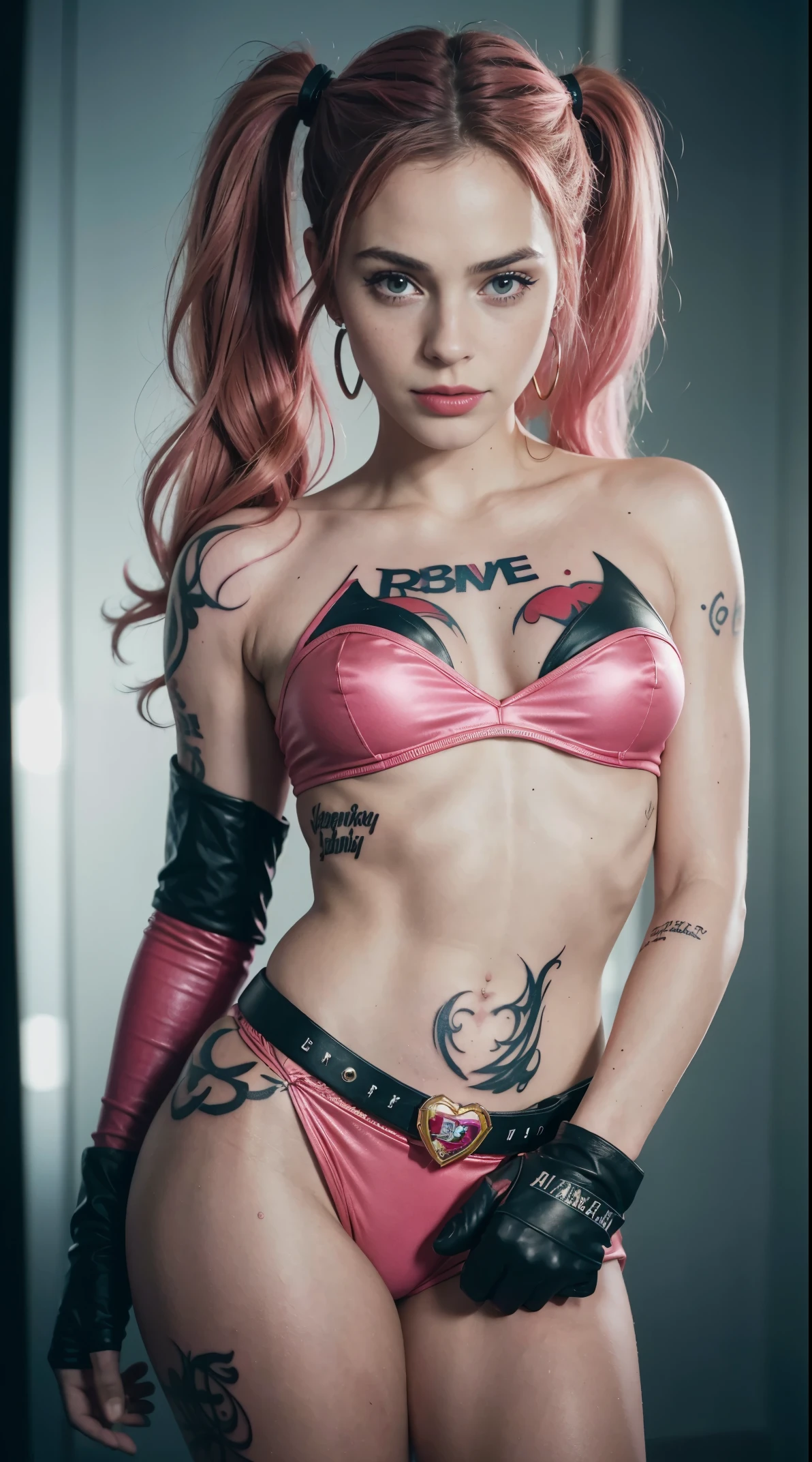 50 years old, gorgeous cute  Brazilian girl, smirk, freckles, polaroid photo, (dark skin:1.4), (medium pink long hair:1.4), 8K,Best quality, masterpiece, harley cosplays in a scene from suicide, margot robbie as harley quinn, film still of harley quinn, harley quinn film still, harley quinn standing, elizabeth olsen as harley quinn, harley quinn, gal gadot as harley quinn, emma watson as harley quinn, emma watson is harley quinn, harley queen, of harley quinn, lady gaga is harley quinn, Earrings, winner of most beautiful model, famous beautiful model, good young girl, (masterpiece:1.0),(best_quality:1.0), ultra high res,4K,ultra-detailed, photography, 8K, HDR, highres, absurdres:1.2, Kodak portra 400, blurry background, bokeh, lens flare, (skin texture:1.2), (vibrant_color:1.2),professional photograph, (the_tattoo:1.4), (beautiful_face:1.5),(narrow_waist). --v 6