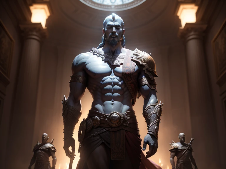 Ilustra una impresionante escena en 8K que captura la esencia de un respetado pensador griego del siglo III a.C., embodied as a statue in the iconic style reminiscent of &#39;God of War&#39;. Place the statue in an atmosphere full of darkness full of suspense, enveloping you with a blurry environment. Use grandiose lighting to cast shadows that narrate an engaging and intricate journey.