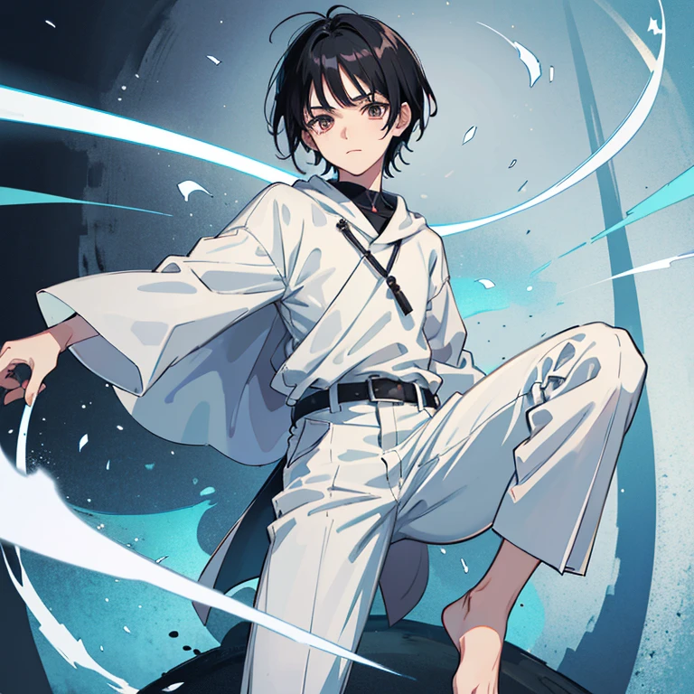 boy with black hair and white eyes wearing a white straight jacket, white pants, and bare-footed in hunter x hunter manga style.