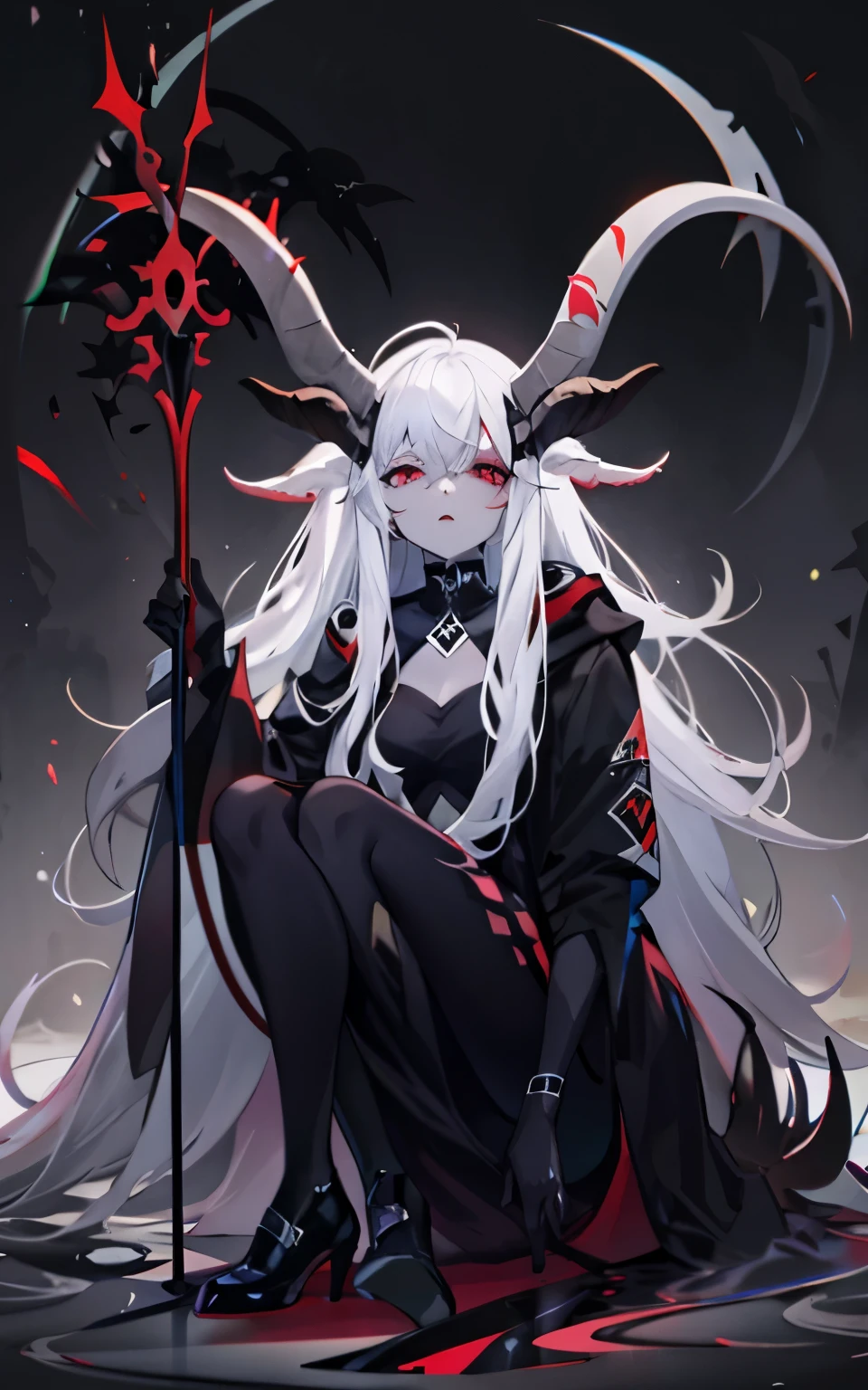 pale skin，dark风，wearing leg rings，long white hair，black eye shadow，red eyes，Abstinence，dark，back view，goat horn，sickle，grim Reaper，sitting，butt close-up
