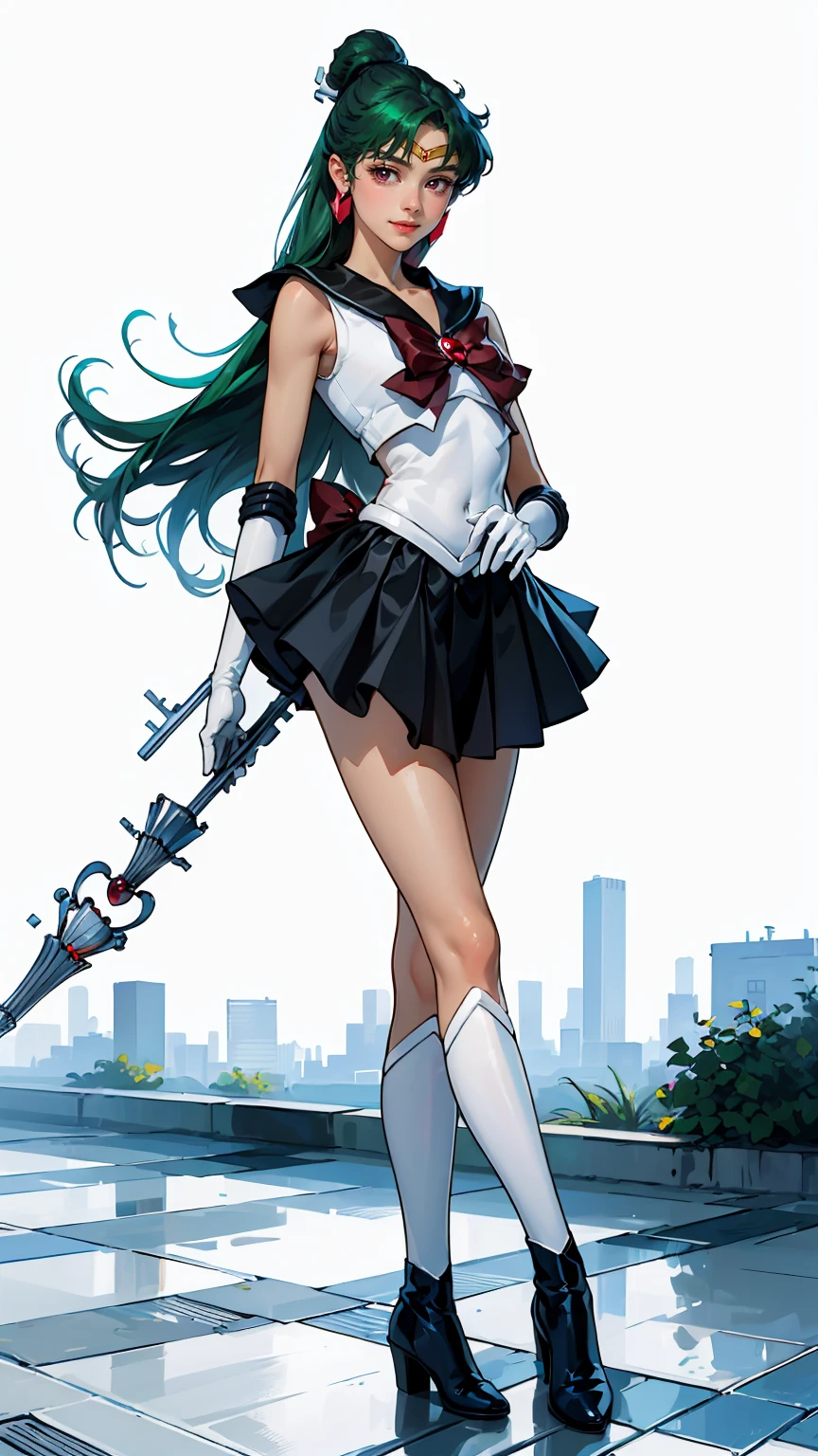 Masterpiece, Best Quality, High Resolution, 1girl, Solo, Ponytail, Green Hair, (Elbow Gloves), Headdress, dark red Bow, Tight Top, (Black Sailor Collar), White Gloves, Earrings, Smile,  white Background, Black Skirt, (Sailor Pluto Uniform), (Sailor Pluto Uniform), on his knees, holding his Garnet Orb staff in his hands, looking at the camera, dynamic poses. Leng Jun, White Top, Elbow Gloves, black boot, walking on the floor