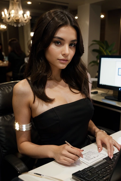 Elegant brunette with Chanel hair is using the computer