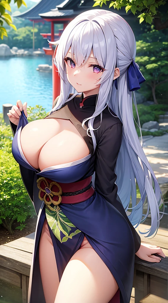 Japanese garden、1 girl with big breasts、Slut、maple leaves、blue and green ink、close shot、from the front、open black kimono、purple eyes、white hair、long hair down to the waist、