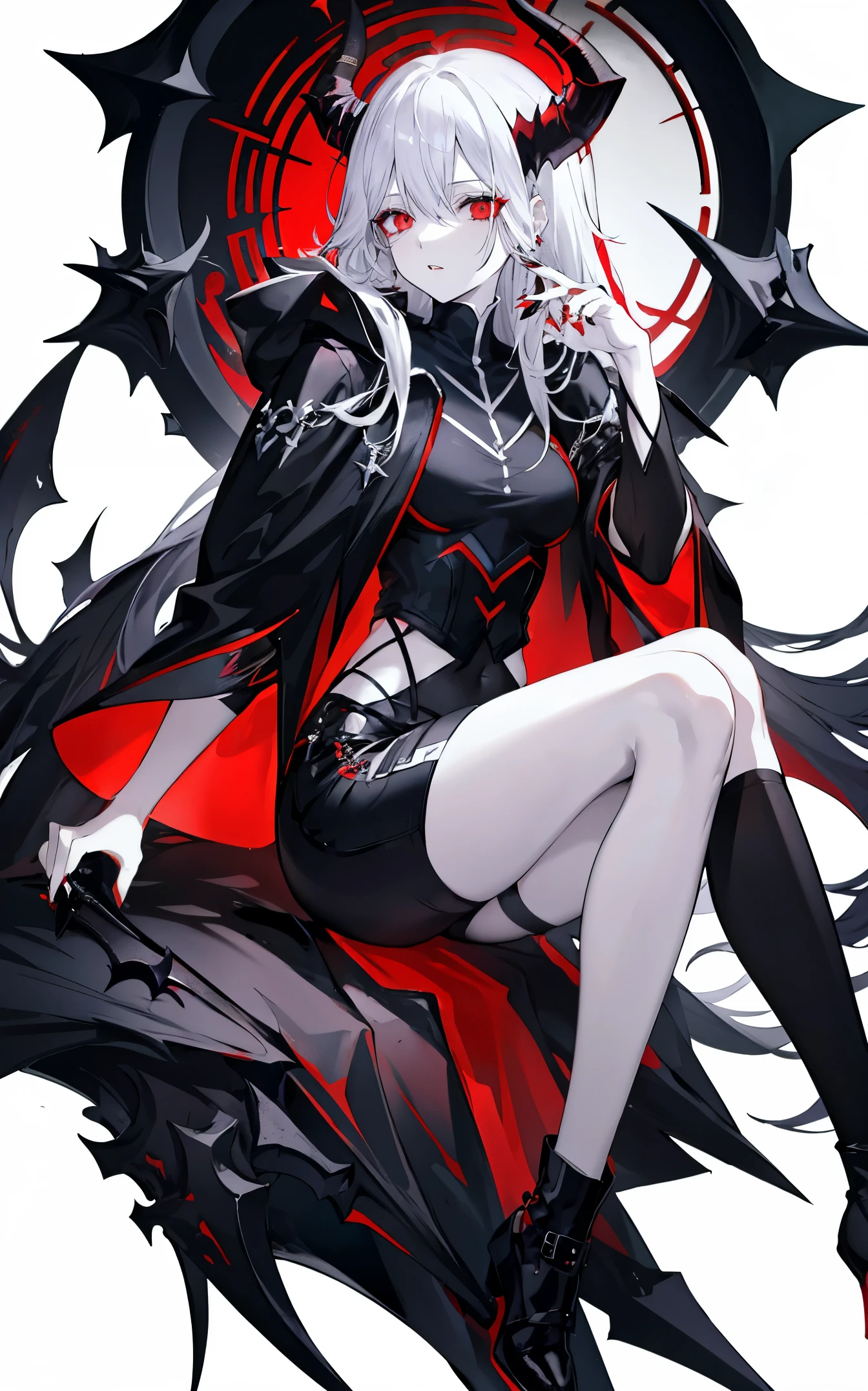 pale skin，dark风，wearing leg rings，long white hair，black eye shadow，red eyes，Abstinence，dark，back view，goat horn，sickle，grim Reaper，sitting，butt close-up

