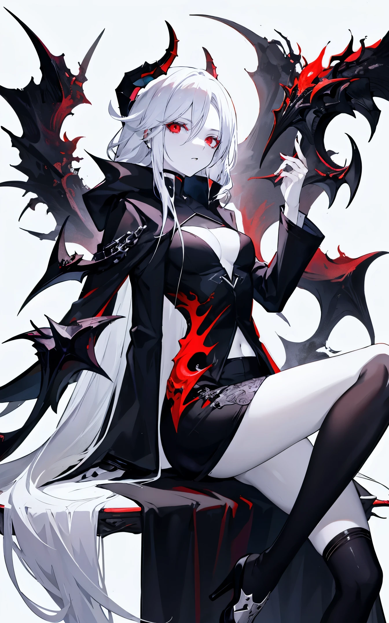 pale skin，dark风，wearing leg rings，long white hair，black eye shadow，red eyes，Abstinence，dark，back view，goat horn，sickle，grim Reaper，sitting，butt close-up
