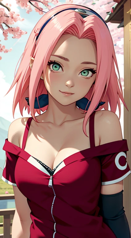 tmasterpiece, Best quality at best, 1girll, Sakura Haruno, Large breasts,Off-the-shoulder attire,(cleavage),(upperbody closeup),Raised sexy,is shy,ssmile,with pink hair, long whitr hair, (Green eyeballs:1.4), Forehead protection, the cherry trees,Cherry blossoms flying,Red underwear,Zipper half,only underwear