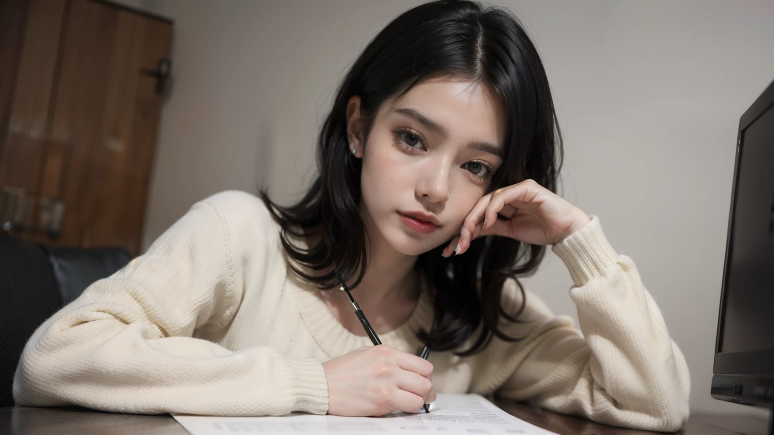 portrait of a cute 28 year old girl , sitting at a desk, thick wavy black hair, smirking, long eyelashes, upper body,
 solid circle eyes, facing viewer, 8k, super detail, best quality, 1080P, 1080P, 1080P, 4K, 8k, 16k, HD, 1080P