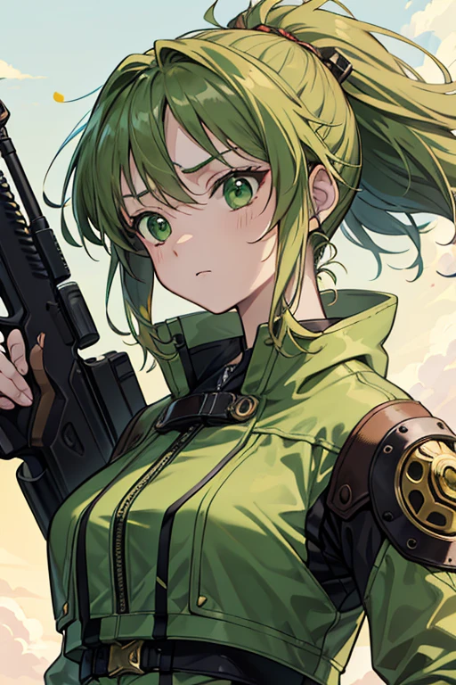 In the heart of this intricately designed anime art piece, a girl commandingly holds a gun in her hand, her strong facial expression reflecting unwavering resolve. The setting sun casts a warm, light brown and green hue over the scene, reminiscent of the iconic PS1 graphics. History painting influences are evident in the meticulous attention to detail and the impressive depth this close-up composition offers. The junglepunk vibe adds an element of surprise with its unique fusion of futuristic and organic elements, promising a thrilling and unforgettable viewing experience.
(anime art style, light brown and green color palette, strong facial expression, close up, PS1
