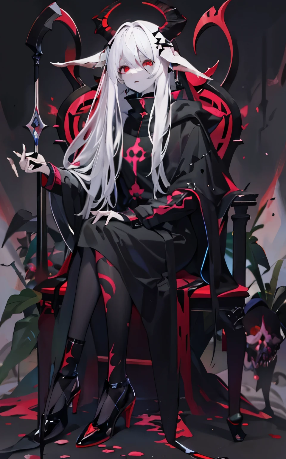 pale skin，dark风，wearing leg rings，long white hair，black eye shadow，red eyes，Abstinence，dark，back view，goat horn，sickle，grim Reaper，sitting
