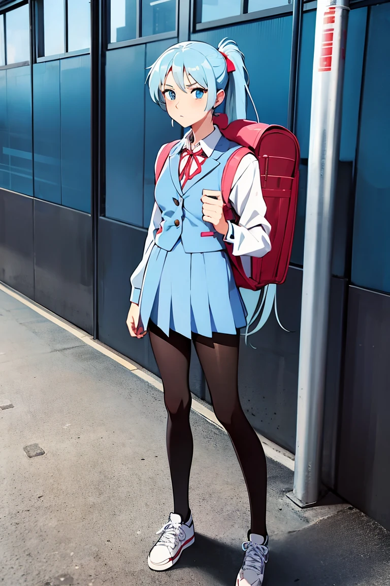 Anime style, 1 female, about , light blue long ponytail hair, blue eyes, school uniform, black pantyhose, backpack, white shoes, standing in front of the school, whole body