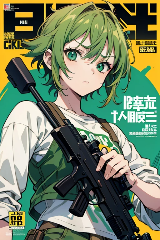 Anime-inspired art portrays a girl with a determined expression as she grips a gun in her hand. The vibrant and hyper graphic style showcases the junglepunk setting with a harmonious blend of light brown and green hues. The history painting elements add depth and nostalgia to the close-up composition, tachi-e (magazine:1.3), (cover-style:1.3), strong, anime, girl, holding, gun, close-up, hyper graphics, light brown, green, strong facial expression, junglepunk, vintage feel, anime art, dramatic, attention-grabbing, anime-inspired, art style.