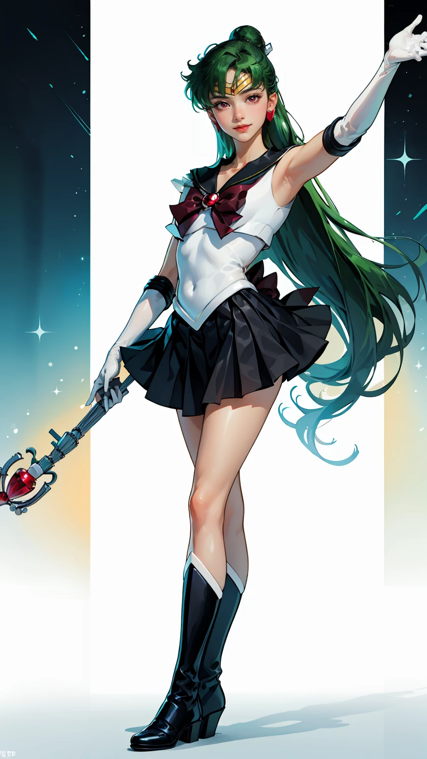 Masterpiece, Best Quality, High Resolution, 1girl, Solo, Ponytail, Green Hair, (Elbow Gloves), Headdress, dark red Bow, Tight Top, (Black Sailor Collar), White Gloves, Earrings, Smile,  white Background, Black Skirt, (Sailor Pluto Uniform), (Sailor Pluto Uniform), on his knees, holding his Garnet Orb staff in his hands, looking at the camera, dynamic poses. Leng Jun, White Top, Elbow Gloves, black boot, walking on the floor