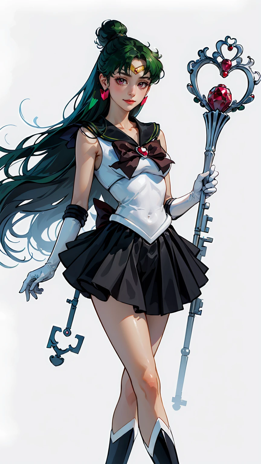 Masterpiece, Best Quality, High Resolution, 1girl, Solo, Ponytail, Green Hair, (Elbow Gloves), Headdress, dark red Bow, Tight Top, (Black Sailor Collar), White Gloves, Earrings, Smile,  white Background, Black Skirt, (Sailor Pluto Uniform), (Sailor Pluto Uniform), on his knees, holding his Garnet Orb staff in his hands, looking at the camera, dynamic poses. Leng Jun, White Top, Elbow Gloves, black boot, walking on the floor