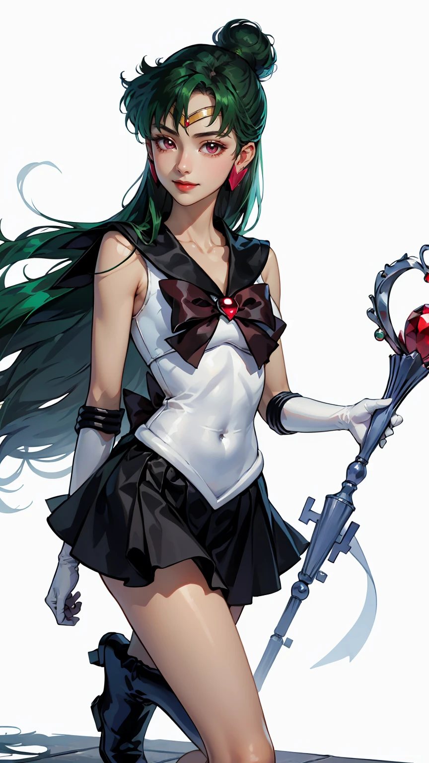 Masterpiece, Best Quality, High Resolution, 1girl, Solo, Ponytail, Green Hair, (Elbow Gloves), Headdress, dark red Bow, Tight Top, (Black Sailor Collar), White Gloves, Earrings, Smile,  white Background, Black Skirt, (Sailor Pluto Uniform), (Sailor Pluto Uniform), on his knees, holding his Garnet Orb staff in his hands, looking at the camera, dynamic poses. Leng Jun, White Top, Elbow Gloves, black boot, walking on the floor