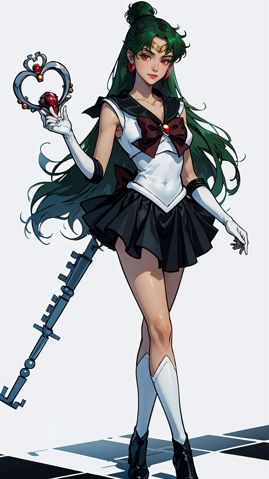 Masterpiece, Best Quality, High Resolution, 1girl, Solo, Ponytail, Green Hair, (Elbow Gloves), Headdress, dark red Bow, Tight Top, (Black Sailor Collar), White Gloves, Earrings, Smile,  white Background, Black Skirt, (Sailor Pluto Uniform), (Sailor Pluto Uniform), on his knees, holding his Garnet Orb staff in his hands, looking at the camera, dynamic poses. Leng Jun, White Top, Elbow Gloves, black boot, walking on the floor