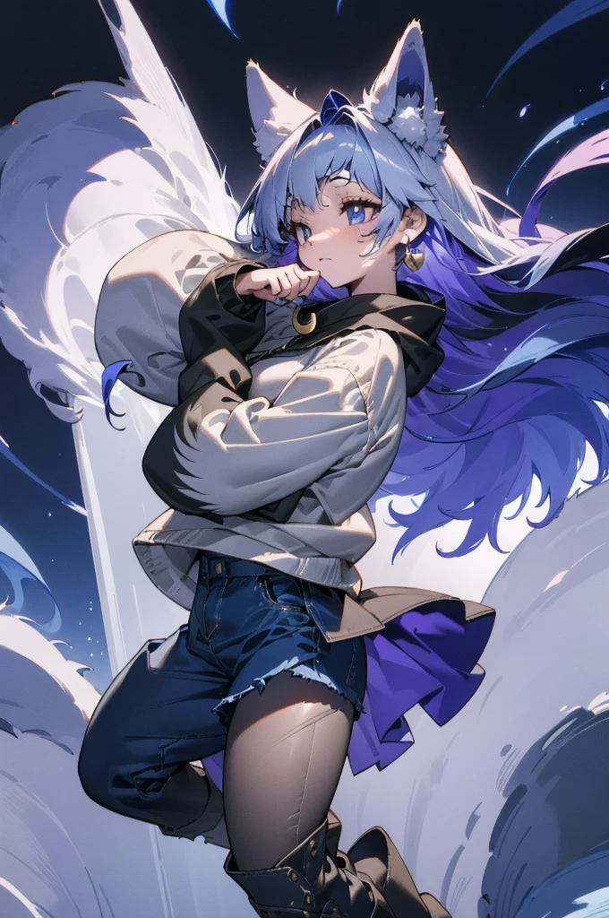 Luna Paws is an adorable and energetic female VTuber, taking inspiration from the charm of a playful wolf. Her design combines elements of the natural world with a touch of whimsical fantasy, creating a character that exudes warmth and friendliness.
Appearance:
Hairstyle and Color: Luna Paws has a lively, shoulder-length hairstyle with a mix of silver and lavender colors, resembling the moonlit night sky. Two wolf ears peek out from her hair, expressing her animal theme.
Eyes: Large, expressive eyes with a deep shade of indigo, reflecting a sense of curiosity and enthusiasm. The eyes occasionally feature a subtle luminescence, giving them a mystical glow.
Outfit: Luna Paws wears a cute and casual outfit that combines modern fashion with a touch of wilderness. She sports a cozy hoodie with stylized wolf paw prints, denim shorts, and knee-high boots. A crescent moon pendant hangs around her neck.
Accessories: Luna Paws has a playful tail, matching the color of her hair, which wags and expresses her emotions. She also wears a pair of silver wolf-themed earrings that glisten in the virtual light.